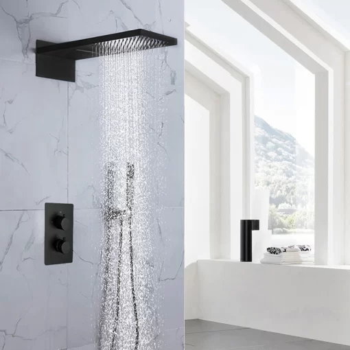 Bathroom, Home Decor, Matte Black Bathroom Thermostatic Rain Fall Shower System Set