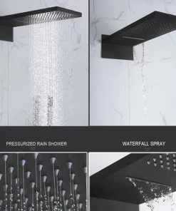 Bathroom, Home Decor, Matte Black Bathroom Thermostatic Rain Fall Shower System Set