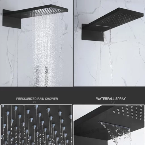 Bathroom, Home Decor, Matte Black Bathroom Thermostatic Rain Fall Shower System Set