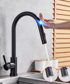 Bathroom, Home Decor, Modern 304 Stainless Steel Hot Cold Mixer Water Tap Pull Down Black Brushed Gold Pull Out Smart Touch Sensor Kitchen Faucet