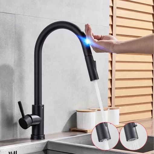 Bathroom, Home Decor, Modern 304 Stainless Steel Hot Cold Mixer Water Tap Pull Down Black Brushed Gold Pull Out Smart Touch Sensor Kitchen Faucet