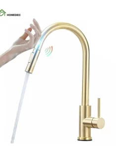 Bathroom, Home Decor, Modern 304 Stainless Steel Hot Cold Mixer Water Tap Pull Down Black Brushed Gold Pull Out Smart Touch Sensor Kitchen Faucet