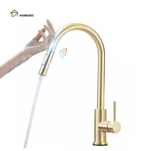 Bathroom, Home Decor, Modern 304 Stainless Steel Hot Cold Mixer Water Tap Pull Down Black Brushed Gold Pull Out Smart Touch Sensor Kitchen Faucet
