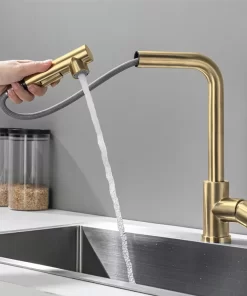 Bathroom, Home Decor, Modern 304ss Stainless Steel Brushed Gold Pull Out Kitchen Faucet Sink Mixer Tap