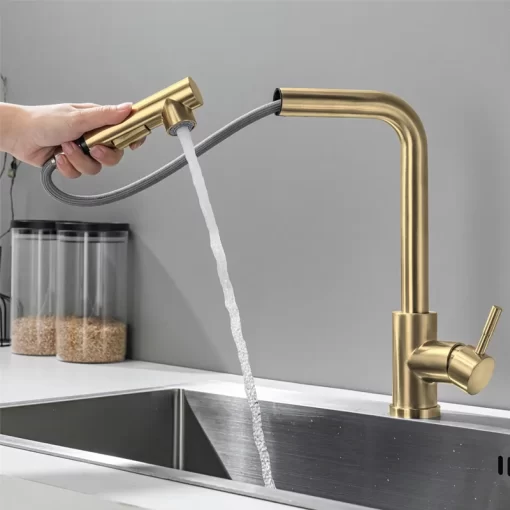 Bathroom, Home Decor, Modern 304ss Stainless Steel Brushed Gold Pull Out Kitchen Faucet Sink Mixer Tap