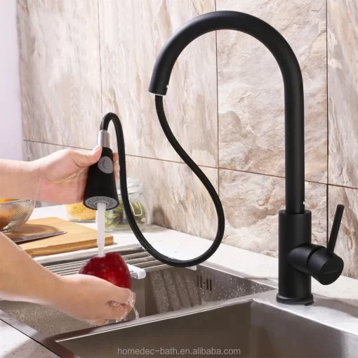 Bathroom, Home Decor, Modern Brass High Arch Single Lever Pull Down Pull Out Spray Black Orb Kitchen Faucets With Sprayer