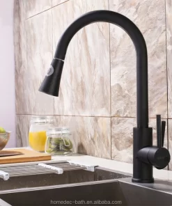 Bathroom, Home Decor, Modern Brass High Arch Single Lever Pull Down Pull Out Spray Black Orb Kitchen Faucets With Sprayer