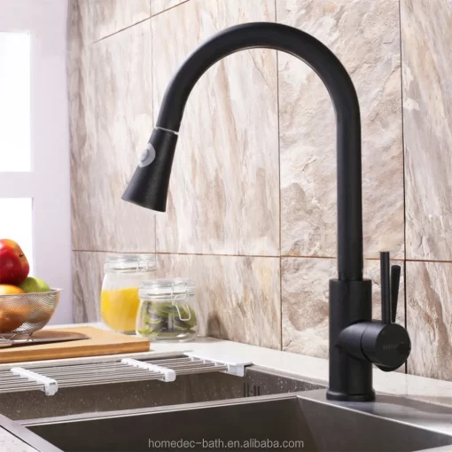 Bathroom, Home Decor, Modern Brass High Arch Single Lever Pull Down Pull Out Spray Black Orb Kitchen Faucets With Sprayer