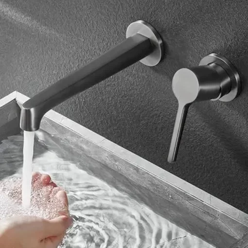 Bathroom, Home Decor, Modern Conceal Hot And Cold Black Brass Dark Grey Wall Mounted Bathroom Water Mixer Bathroom Basin Faucet