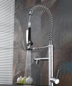 Bathroom, Home Decor, Modern High Neck Chrome Water Saving 3 Way Faucet Pull Out Gourmet Spring Brass Kitchen Faucet Tap With Pull Down Sprayer