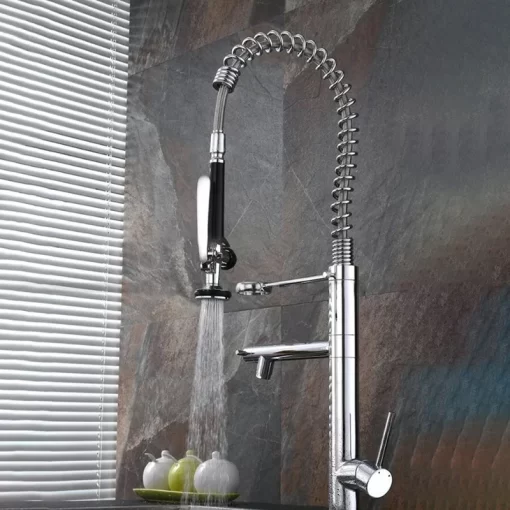 Bathroom, Home Decor, Modern High Neck Chrome Water Saving 3 Way Faucet Pull Out Gourmet Spring Brass Kitchen Faucet Tap With Pull Down Sprayer