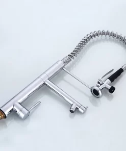 Bathroom, Home Decor, Modern High Neck Chrome Water Saving 3 Way Faucet Pull Out Gourmet Spring Brass Kitchen Faucet Tap With Pull Down Sprayer
