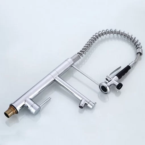 Bathroom, Home Decor, Modern High Neck Chrome Water Saving 3 Way Faucet Pull Out Gourmet Spring Brass Kitchen Faucet Tap With Pull Down Sprayer