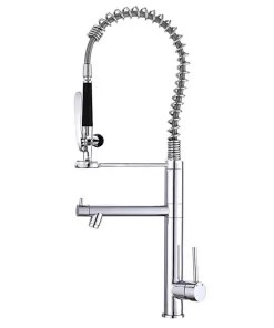 Bathroom, Home Decor, Modern High Neck Chrome Water Saving 3 Way Faucet Pull Out Gourmet Spring Brass Kitchen Faucet Tap With Pull Down Sprayer