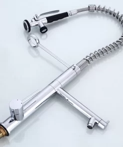 Bathroom, Home Decor, Modern High Neck Chrome Water Saving 3 Way Faucet Pull Out Gourmet Spring Brass Kitchen Faucet Tap With Pull Down Sprayer