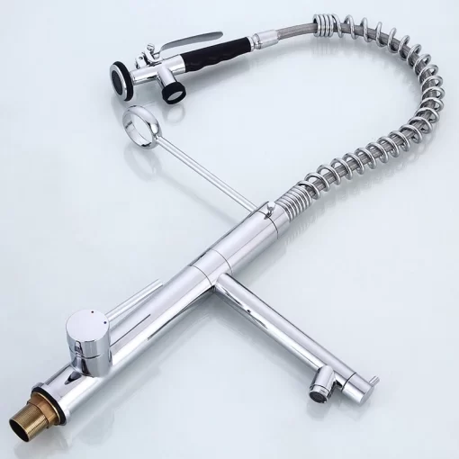 Bathroom, Home Decor, Modern High Neck Chrome Water Saving 3 Way Faucet Pull Out Gourmet Spring Brass Kitchen Faucet Tap With Pull Down Sprayer