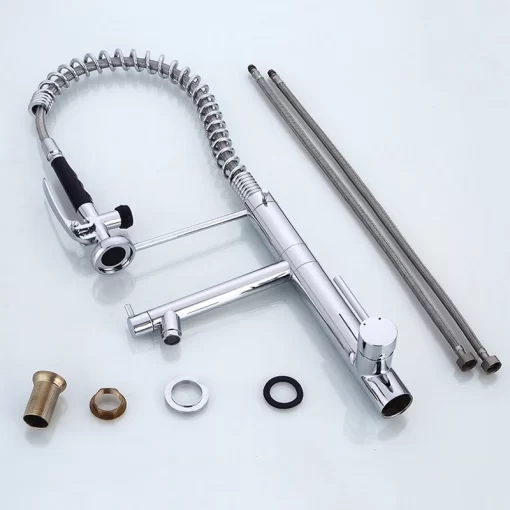Bathroom, Home Decor, Modern High Neck Chrome Water Saving 3 Way Faucet Pull Out Gourmet Spring Brass Kitchen Faucet Tap With Pull Down Sprayer