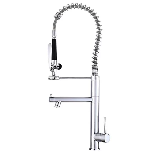 Bathroom, Home Decor, Modern High Neck Chrome Water Saving 3 Way Faucet Pull Out Gourmet Spring Brass Kitchen Faucet Tap With Pull Down Sprayer