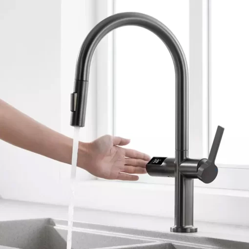 Bathroom, Home Decor, Modern Motion Sensor Infrared Water Pull Out Brass Kitchen Faucet Mixer Tap With Temperature Digital Display