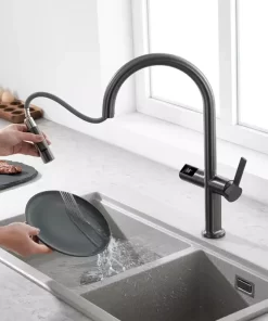 Bathroom, Home Decor, Modern Motion Sensor Infrared Water Pull Out Brass Kitchen Faucet Mixer Tap With Temperature Digital Display