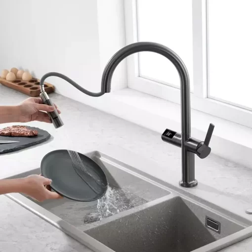 Bathroom, Home Decor, Modern Motion Sensor Infrared Water Pull Out Brass Kitchen Faucet Mixer Tap With Temperature Digital Display