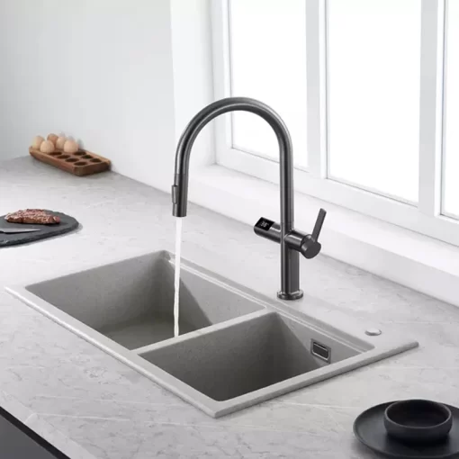 Bathroom, Home Decor, Modern Motion Sensor Infrared Water Pull Out Brass Kitchen Faucet Mixer Tap With Temperature Digital Display