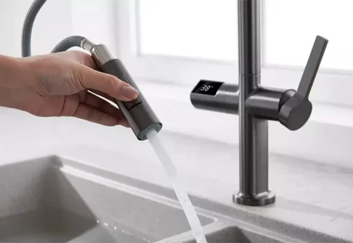 Bathroom, Home Decor, Modern Motion Sensor Infrared Water Pull Out Brass Kitchen Faucet Mixer Tap With Temperature Digital Display