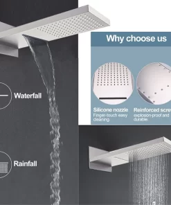 Bathroom, Home Decor, Nordic Rain Modern Thermostatic Waterfall Brushed Rain Overhead Shower Head Rainfall Shower Complete System Set