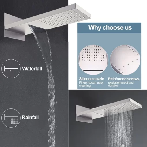 Bathroom, Home Decor, Nordic Rain Modern Thermostatic Waterfall Brushed Rain Overhead Shower Head Rainfall Shower Complete System Set