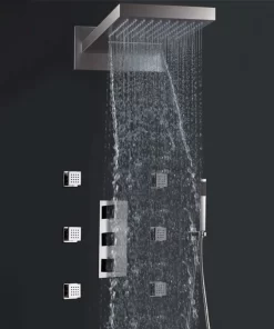 Bathroom, Home Decor, Nordic Rain Modern Thermostatic Waterfall Brushed Rain Overhead Shower Head Rainfall Shower Complete System Set
