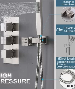 Bathroom, Home Decor, Nordic Rain Modern Thermostatic Waterfall Brushed Rain Overhead Shower Head Rainfall Shower Complete System Set