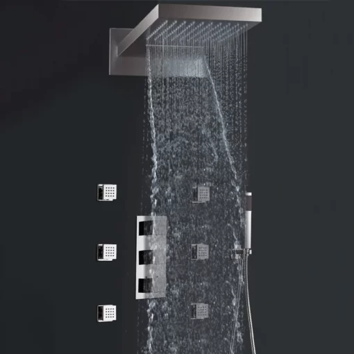 Bathroom, Home Decor, Nordic Rain Modern Thermostatic Waterfall Brushed Rain Overhead Shower Head Rainfall Shower Complete System Set