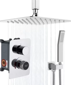 Bathroom, Home Decor, Polished Chrome Brass Hot Cold Water Mixer Bathroom Ceiling Mounted Rainfall 12 Inch Digital Display Shower Head System Set