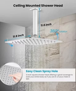 Bathroom, Home Decor, Polished Chrome Brass Hot Cold Water Mixer Bathroom Ceiling Mounted Rainfall 12 Inch Digital Display Shower Head System Set