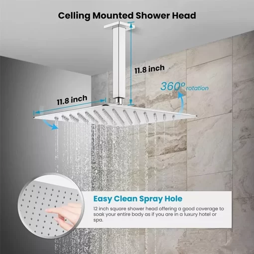 Bathroom, Home Decor, Polished Chrome Brass Hot Cold Water Mixer Bathroom Ceiling Mounted Rainfall 12 Inch Digital Display Shower Head System Set