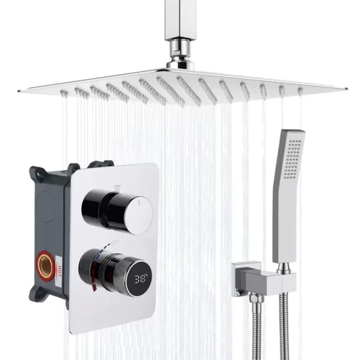 Bathroom, Home Decor, Polished Chrome Brass Hot Cold Water Mixer Bathroom Ceiling Mounted Rainfall 12 Inch Digital Display Shower Head System Set