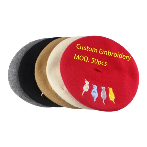 Accessories, Hats, Small Moq Female Winter Hat Grey Wool Embroidery Custom Beret Women
