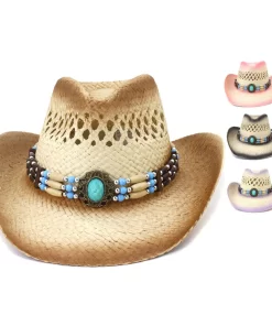 Accessories, Hats, Tea Stains Cethnic Style Vintage Beaded Band Decoration Outdoor Prairie Garden Cowboy Straw Hat