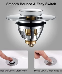 Bathroom, Home Decor, Wash Basin Bounce Filter Pop Up Drain Stopper Push Type Sink Drain Plug Brass Basin Sink Drain Waste Pop Up